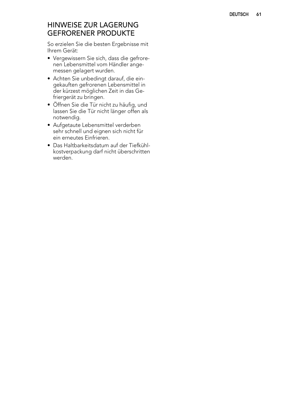 Hinweise zur lagerung gefrorener produkte | AEG SKS51000S0 User Manual | Page 61 / 72
