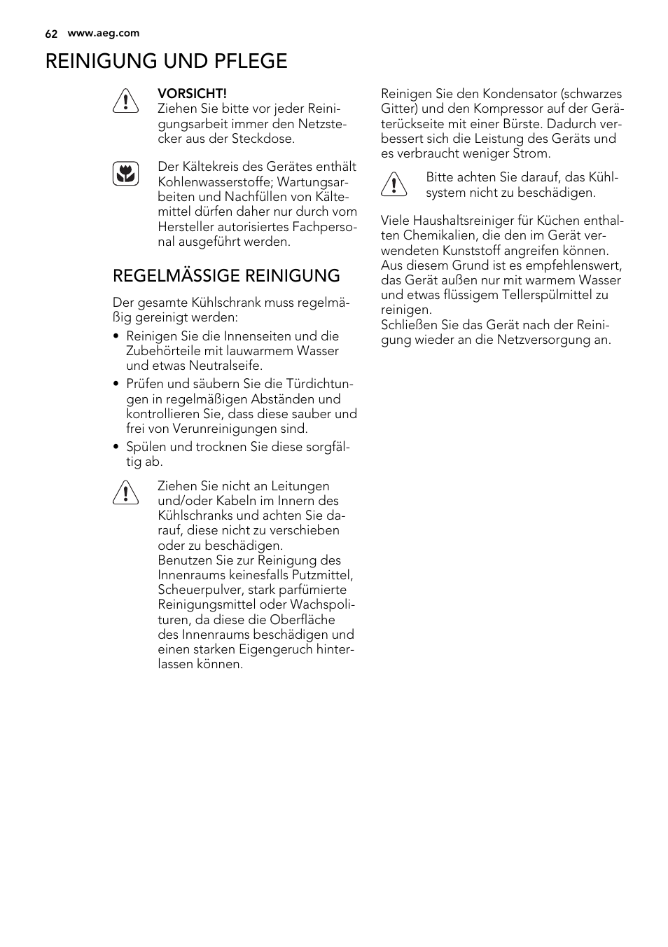 Reinigung und pflege, Regelmässige reinigung | AEG SKS51000S0 User Manual | Page 62 / 72