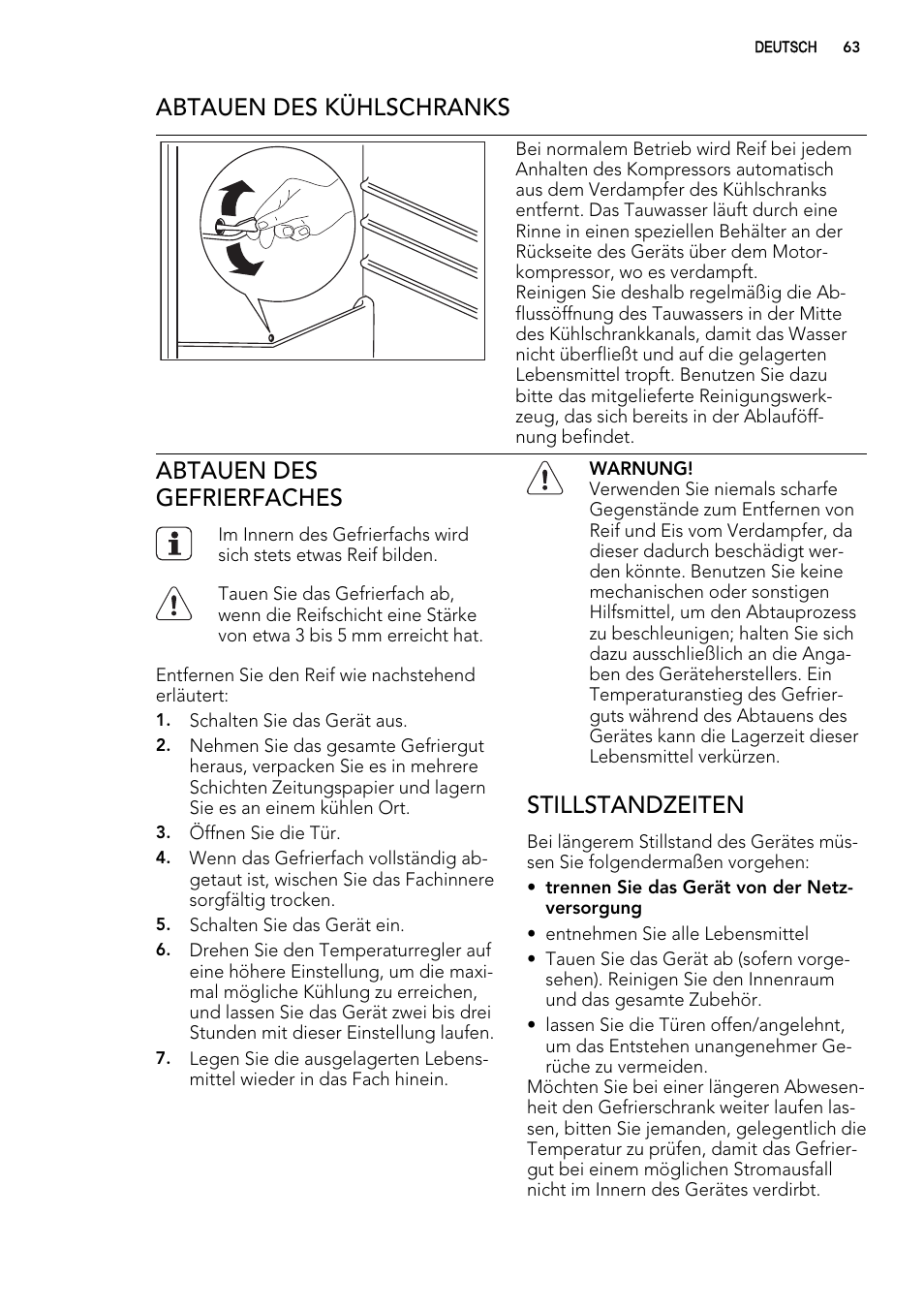 Abtauen des kühlschranks, Abtauen des gefrierfaches, Stillstandzeiten | AEG SKS51000S0 User Manual | Page 63 / 72