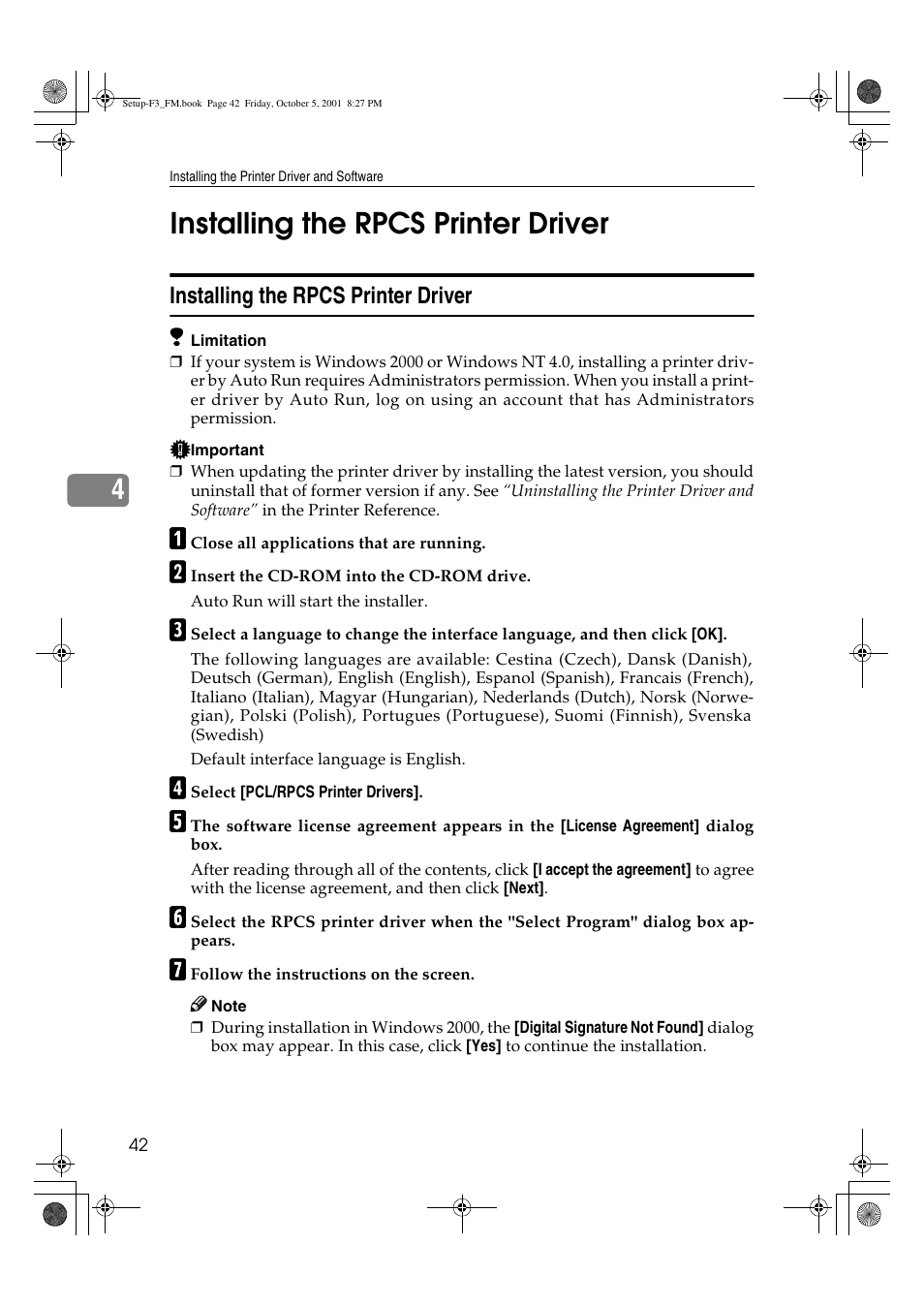 4installing the rpcs printer driver | Acnodes Aficio AP4510 User Manual | Page 52 / 66