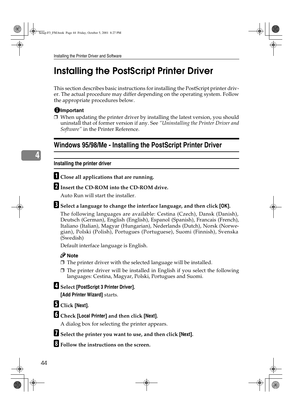 4installing the postscript printer driver | Acnodes Aficio AP4510 User Manual | Page 54 / 66