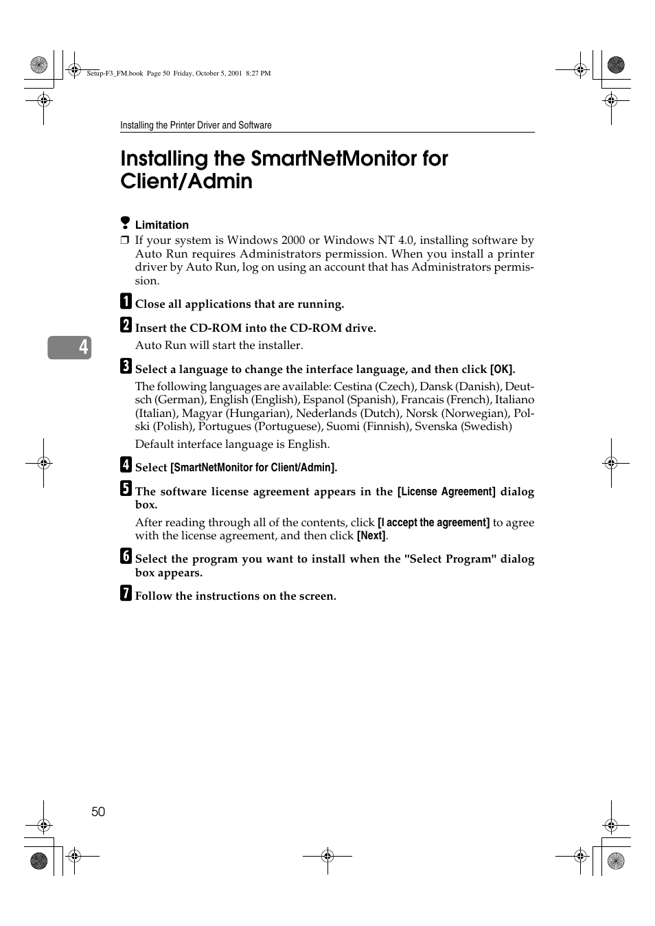 4installing the smartnetmonitor for client/admin | Acnodes Aficio AP4510 User Manual | Page 60 / 66