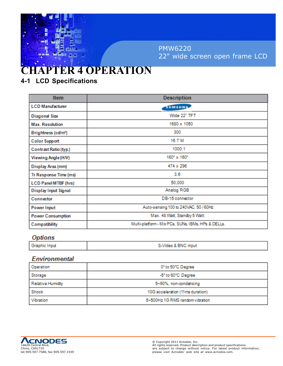 Chapter 4 operation, 1 lcd specifications | Acnodes PMW6220 User Manual | Page 13 / 27