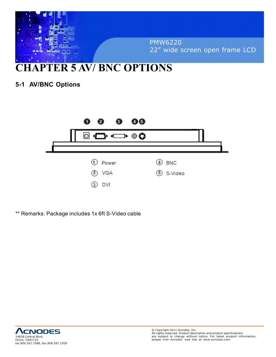 Chapter 5 av/ bnc options, 1 av/bnc options | Acnodes PMW6220 User Manual | Page 14 / 27
