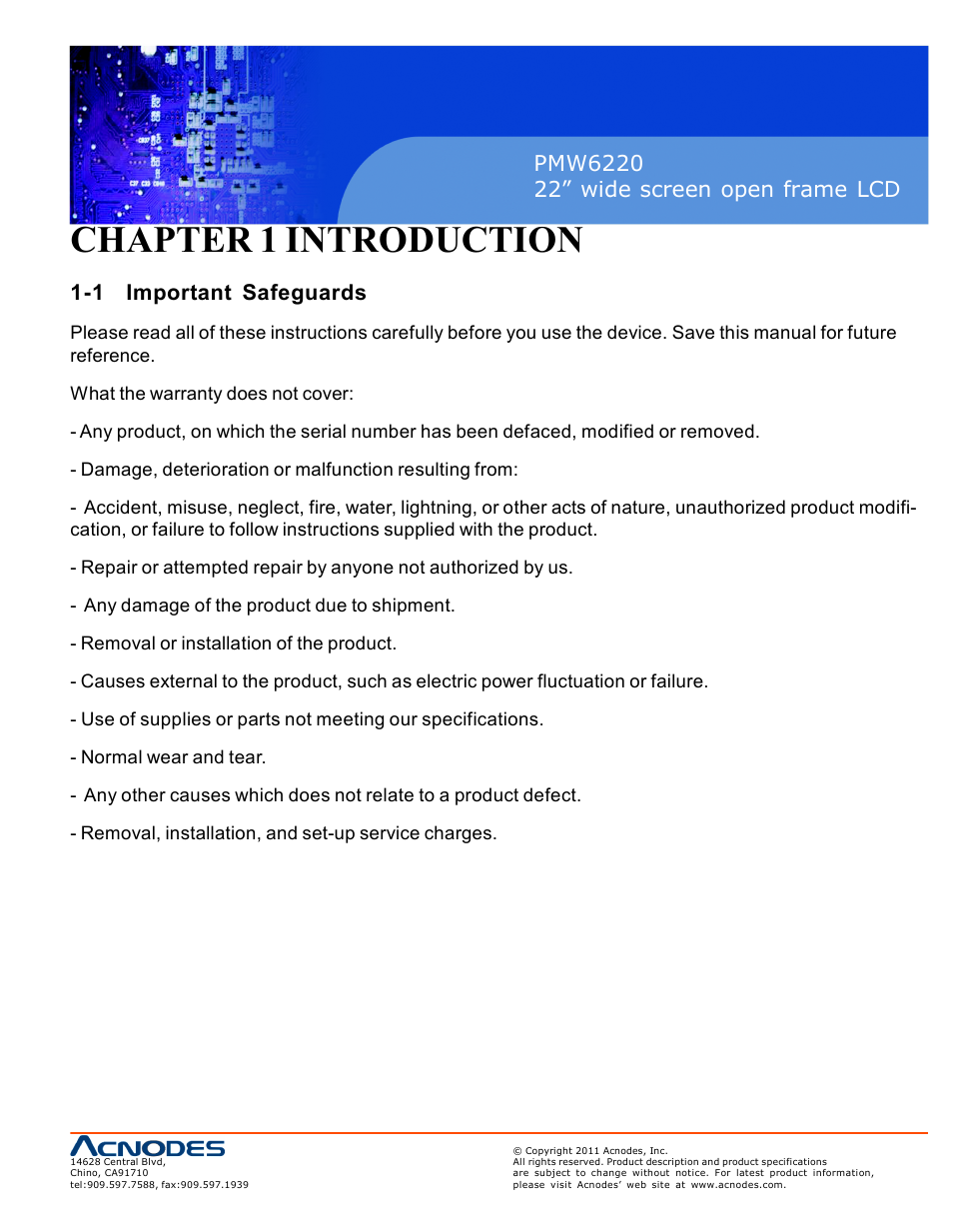 Chapter 1 introduction, 1 important safeguards | Acnodes PMW6220 User Manual | Page 3 / 27