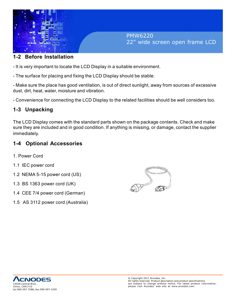 3 unpacking, 4 optional accessories | Acnodes PMW6220 User Manual | Page 4 / 27