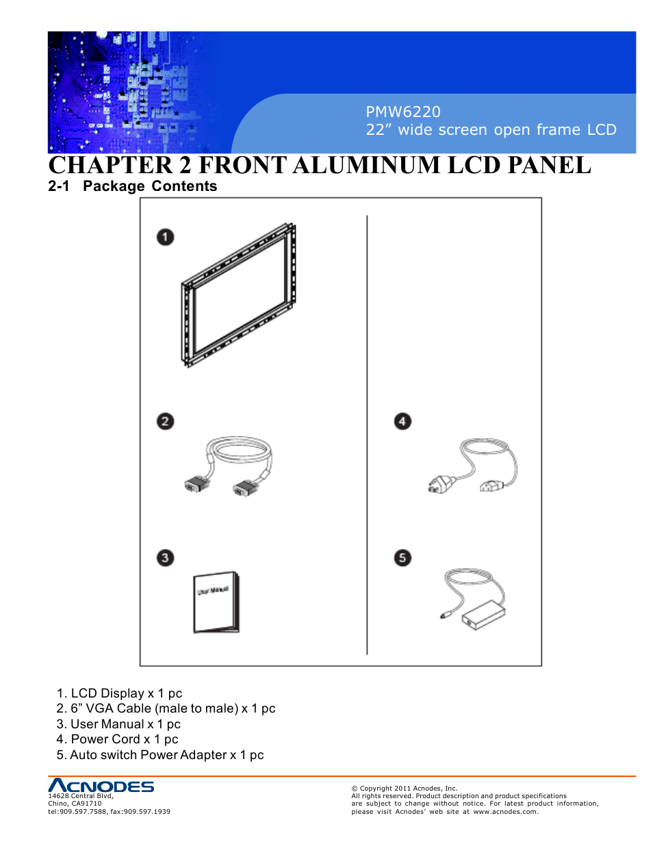 Chapter 2 front aluminum lcd panel, 1 package contents | Acnodes PMW6220 User Manual | Page 5 / 27