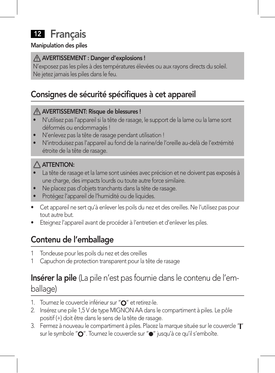 Français, Consignes de sécurité spécifiques à cet appareil, Contenu de l’emballage | AEG NE 5609 User Manual | Page 12 / 44