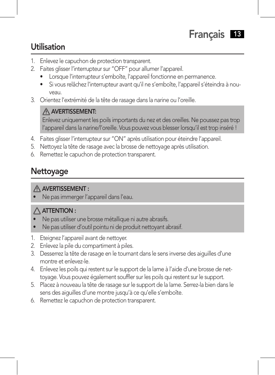 Français, Utilisation, Nettoyage | AEG NE 5609 User Manual | Page 13 / 44