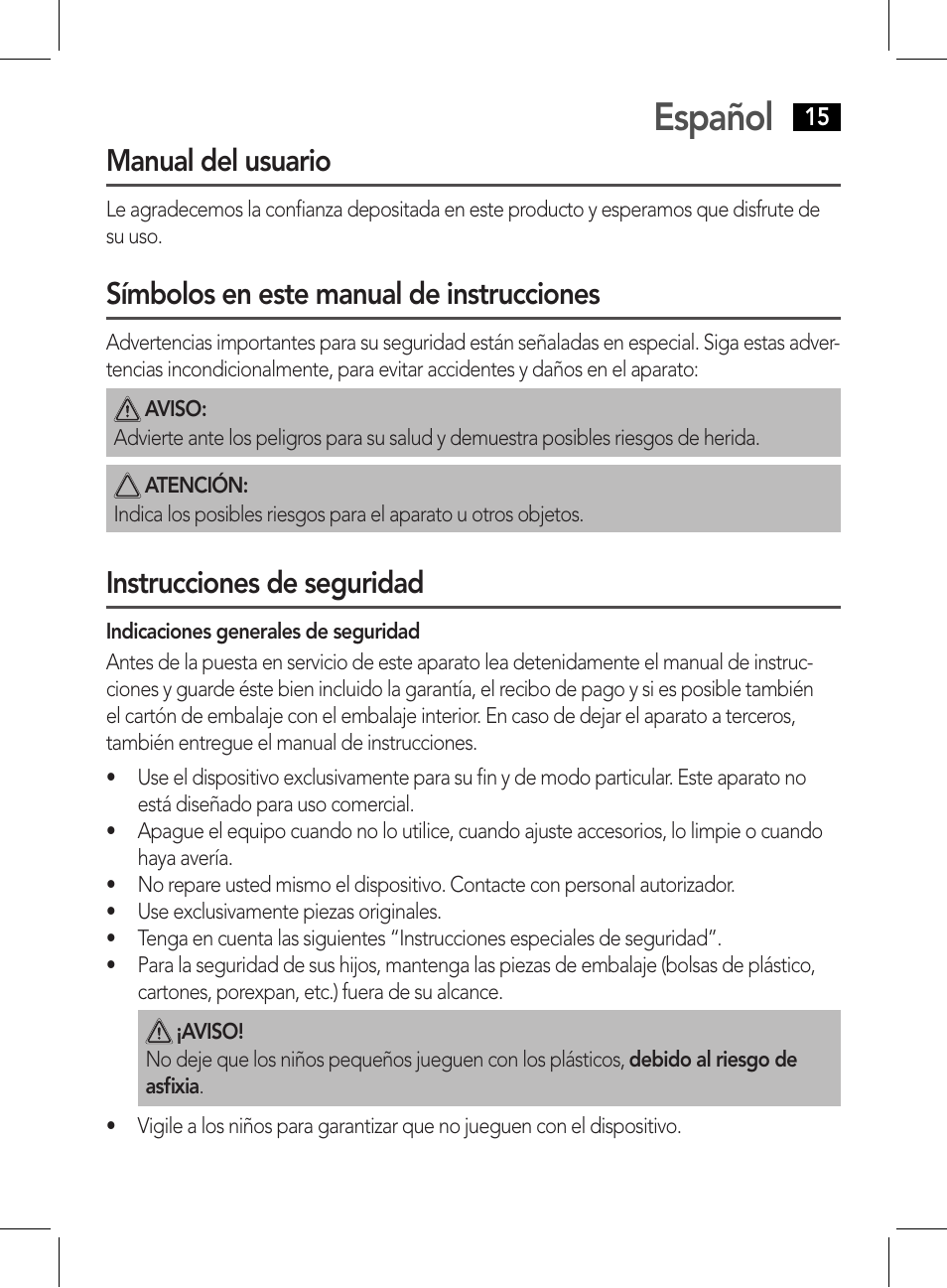 Español, Manual del usuario, Símbolos en este manual de instrucciones | Instrucciones de seguridad | AEG NE 5609 User Manual | Page 15 / 44