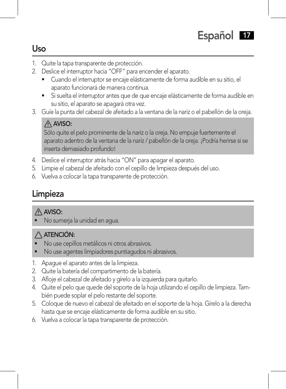 Español, Limpieza | AEG NE 5609 User Manual | Page 17 / 44