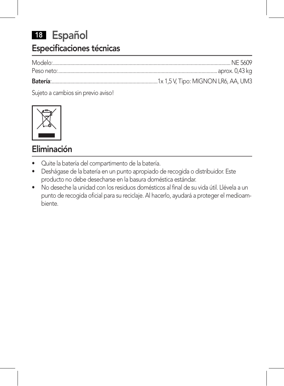 Español, Especificaciones técnicas, Eliminación | AEG NE 5609 User Manual | Page 18 / 44