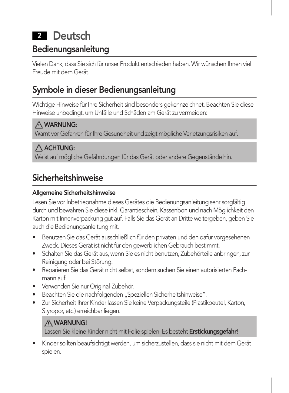 Deutsch, Bedienungsanleitung, Symbole in dieser bedienungsanleitung | Sicherheitshinweise | AEG NE 5609 User Manual | Page 2 / 44