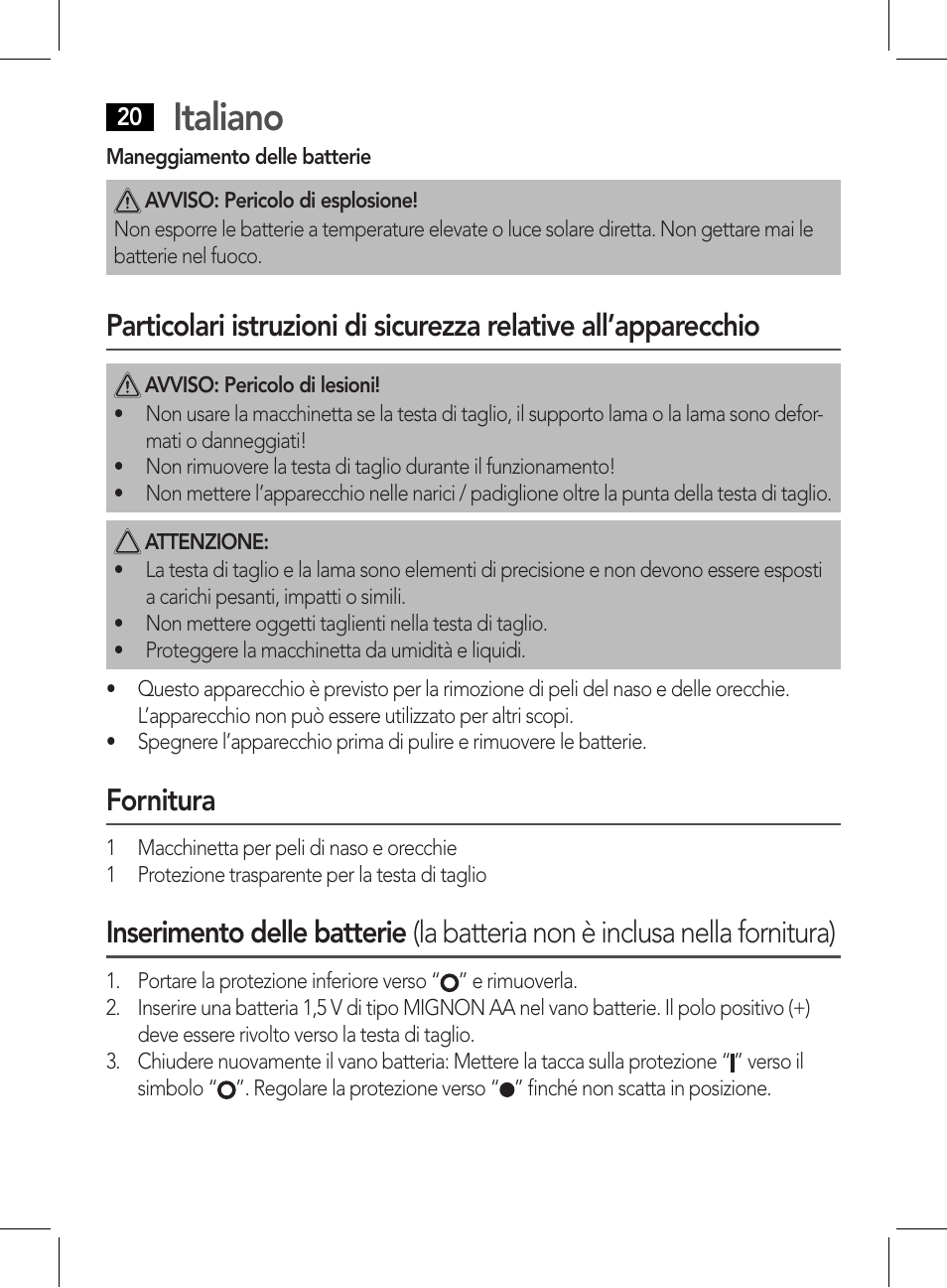 Italiano, Fornitura | AEG NE 5609 User Manual | Page 20 / 44