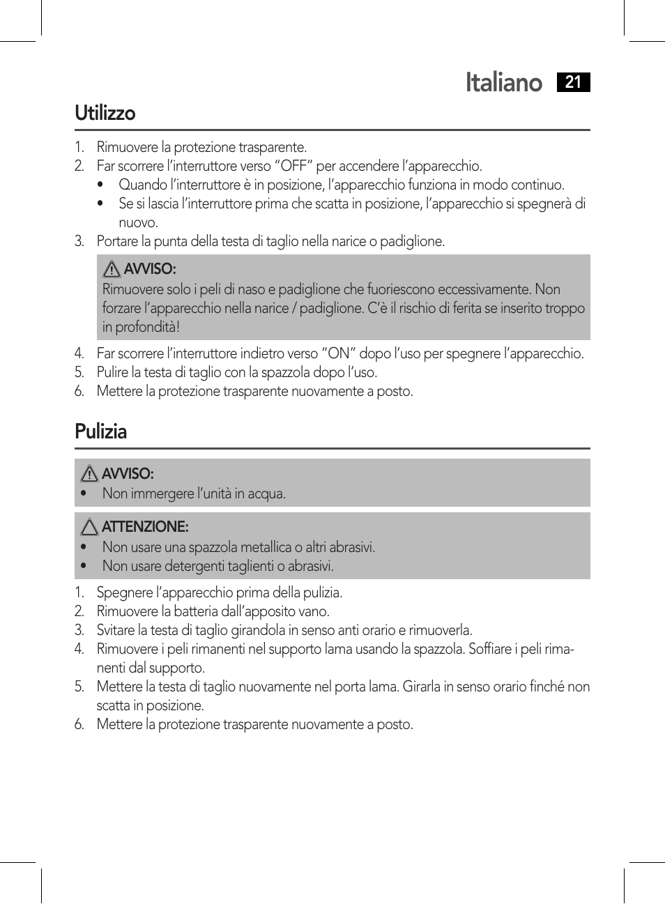 Italiano, Utilizzo, Pulizia | AEG NE 5609 User Manual | Page 21 / 44