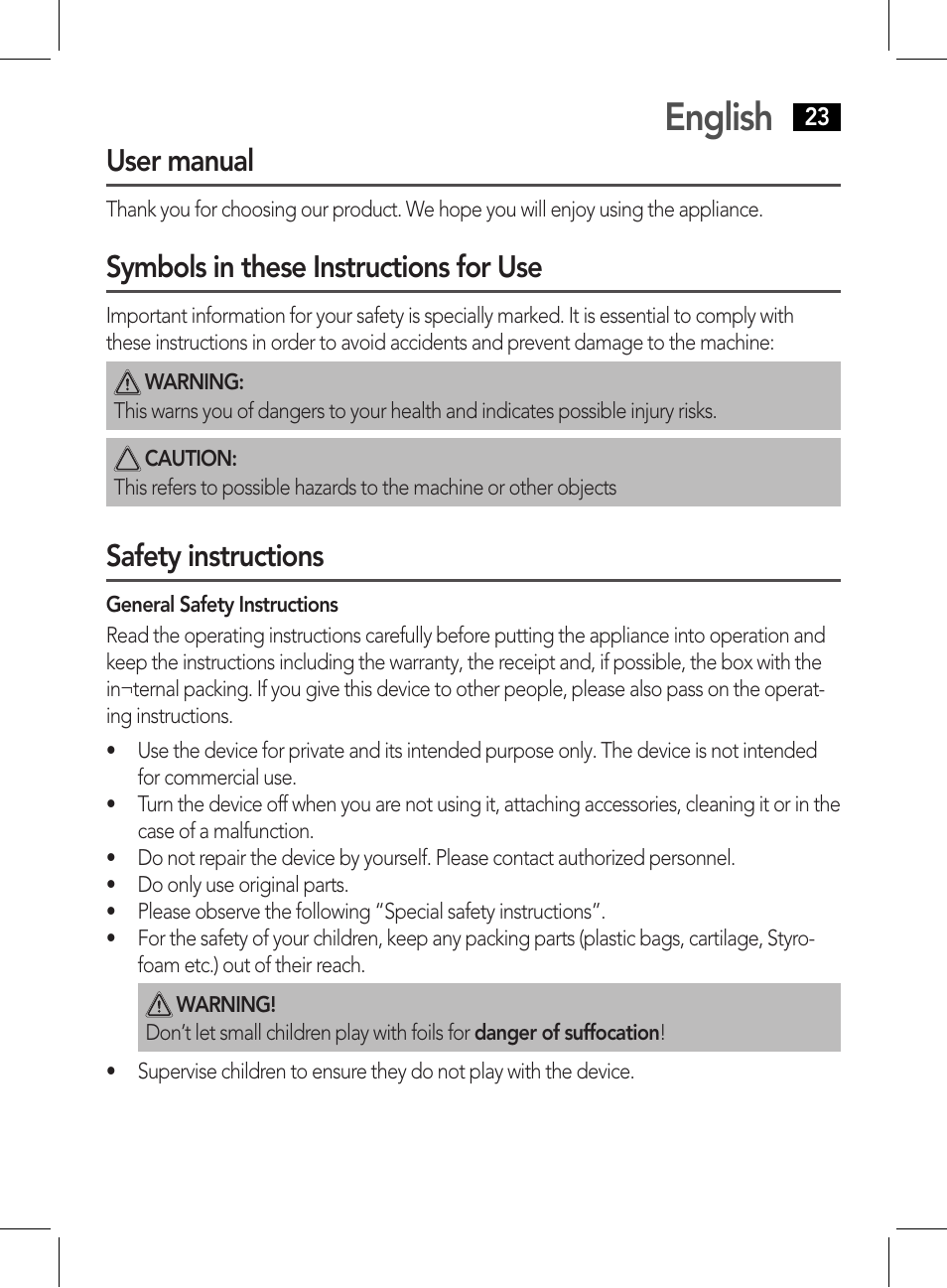 English, User manual, Symbols in these instructions for use | Safety instructions | AEG NE 5609 User Manual | Page 23 / 44
