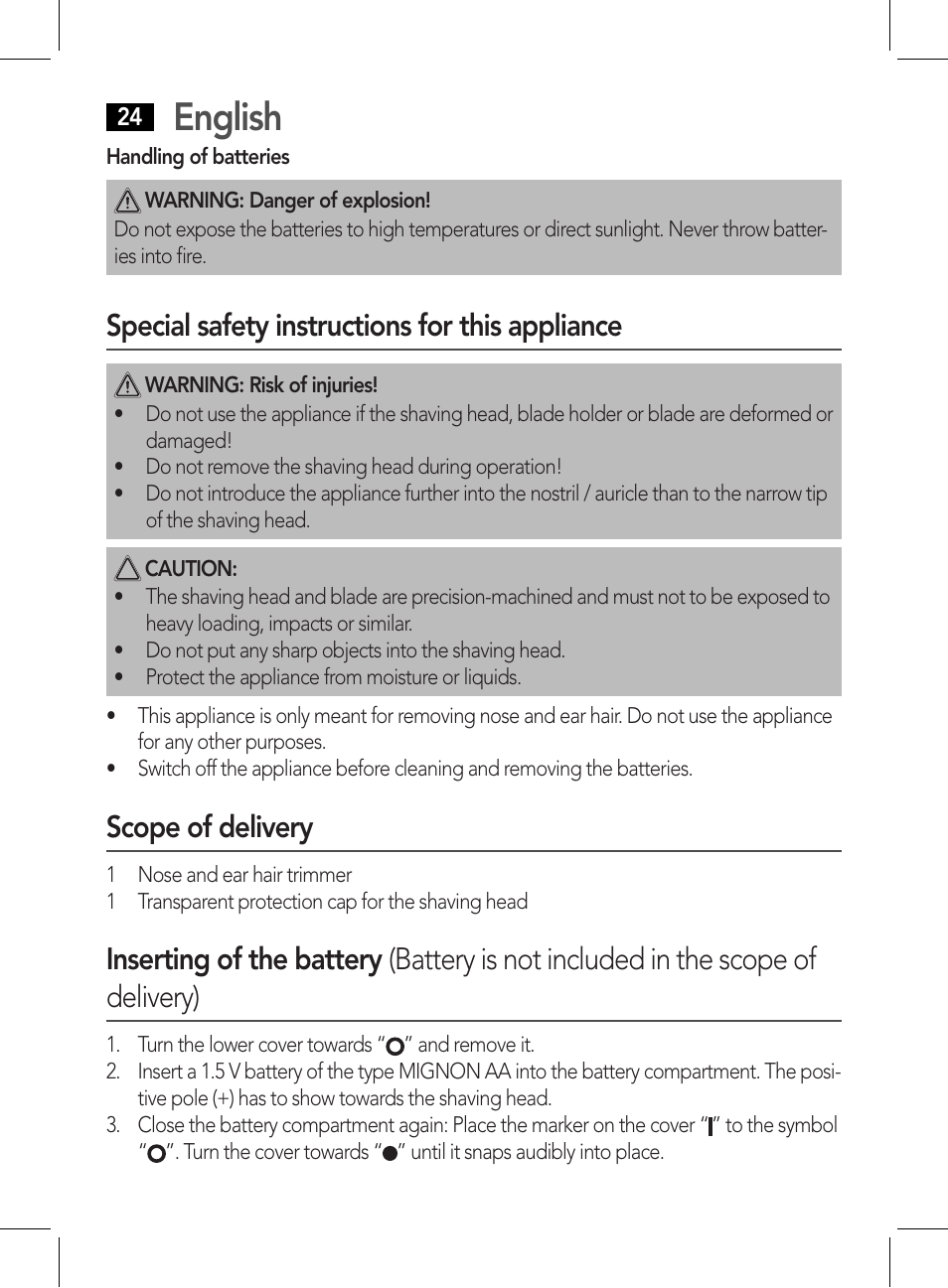 English, Special safety instructions for this appliance, Scope of delivery | AEG NE 5609 User Manual | Page 24 / 44