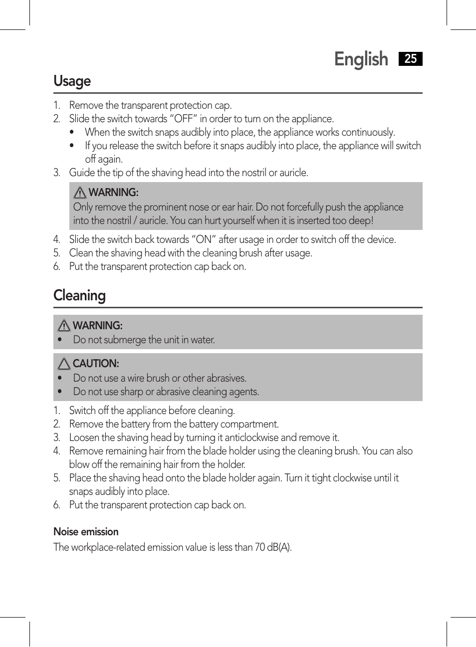 English, Usage, Cleaning | AEG NE 5609 User Manual | Page 25 / 44