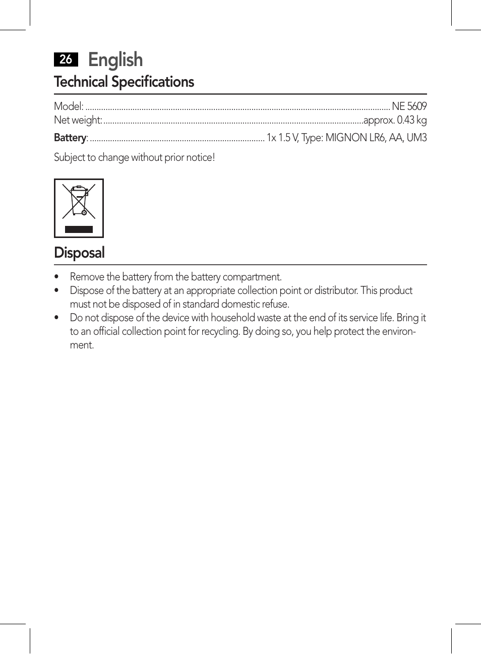English, Technical specifications, Disposal | AEG NE 5609 User Manual | Page 26 / 44