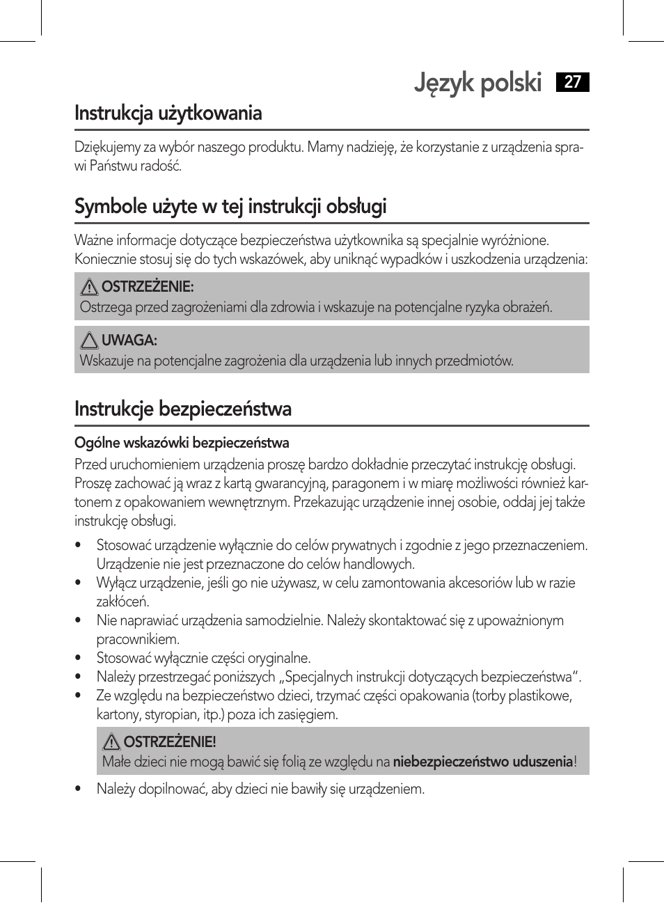 Język polski, Instrukcja użytkowania, Symbole użyte w tej instrukcji obsługi | Instrukcje bezpieczeństwa | AEG NE 5609 User Manual | Page 27 / 44