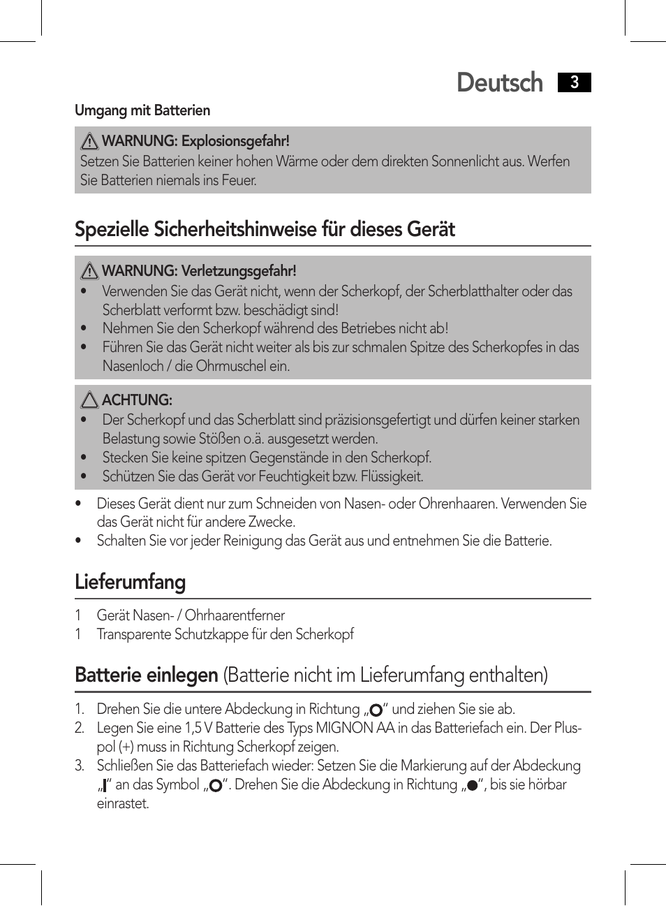 Deutsch, Spezielle sicherheitshinweise für dieses gerät, Lieferumfang | AEG NE 5609 User Manual | Page 3 / 44