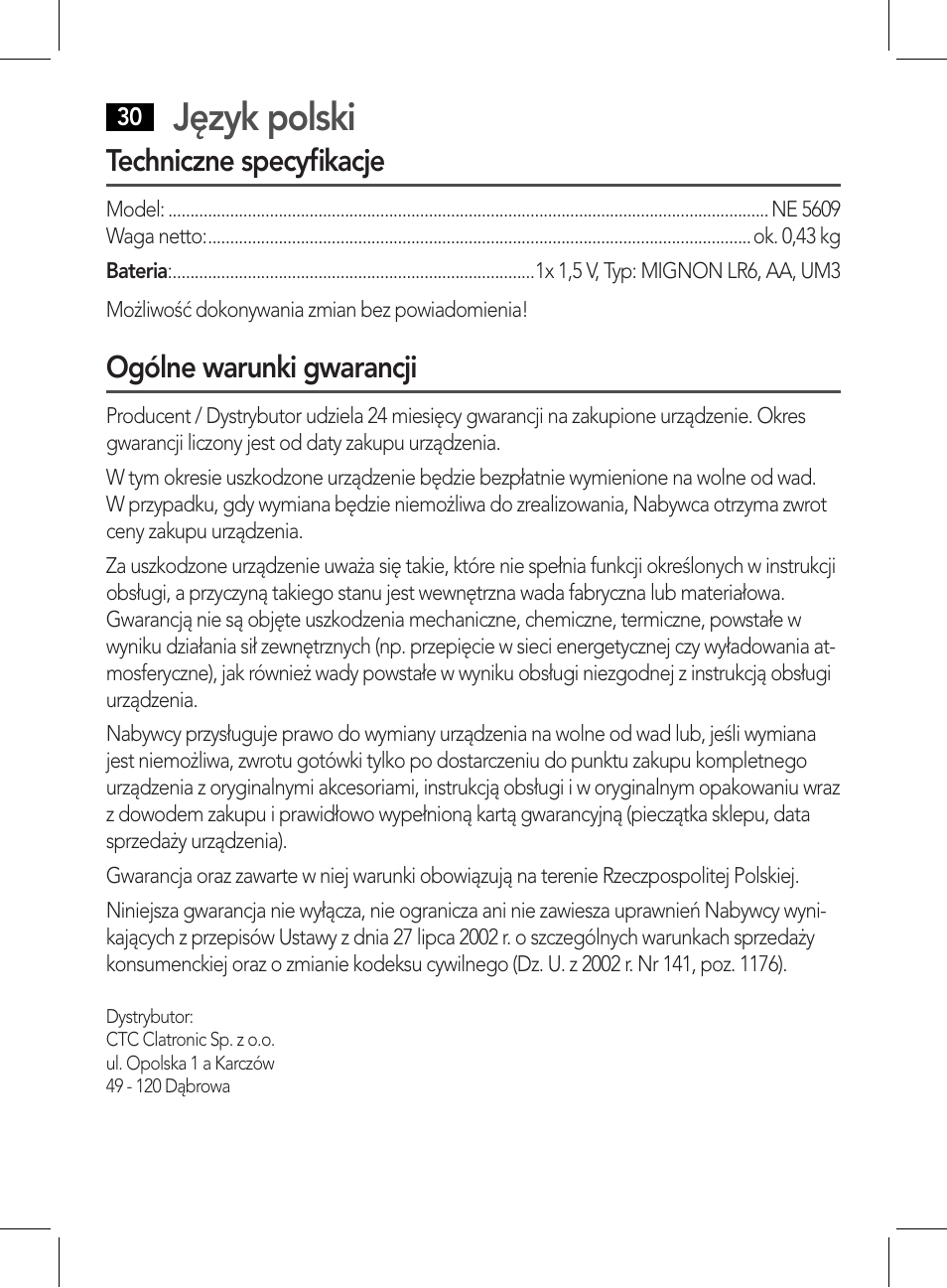 Język polski | AEG NE 5609 User Manual | Page 30 / 44