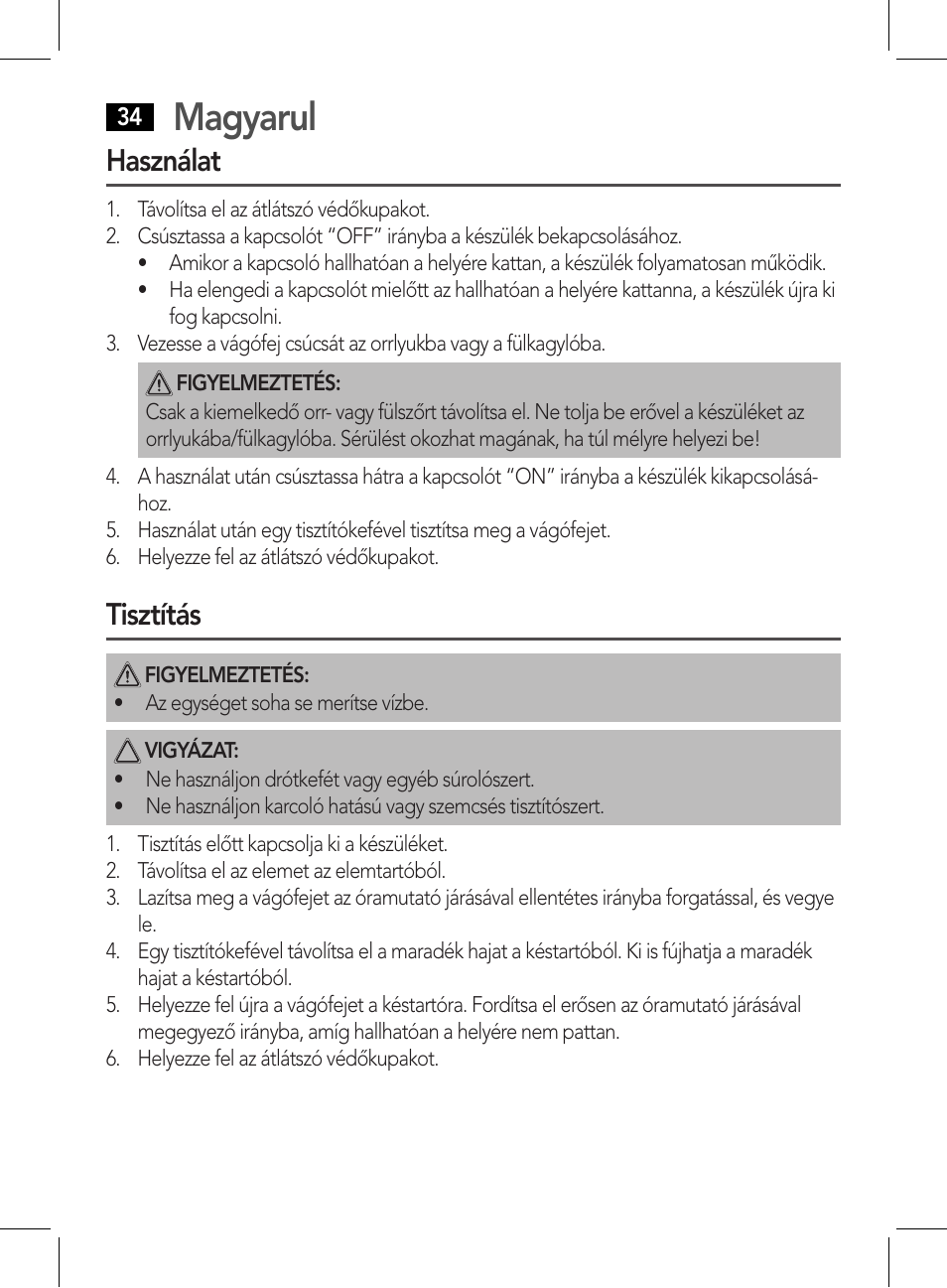 Magyarul, Használat, Tisztítás | AEG NE 5609 User Manual | Page 34 / 44