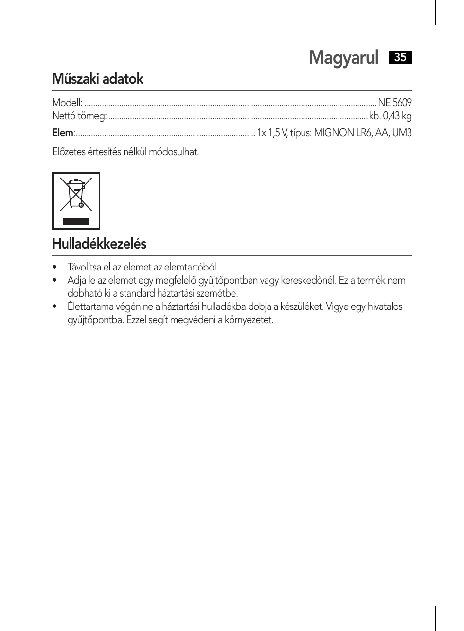 Magyarul, Műszaki adatok, Hulladékkezelés | AEG NE 5609 User Manual | Page 35 / 44