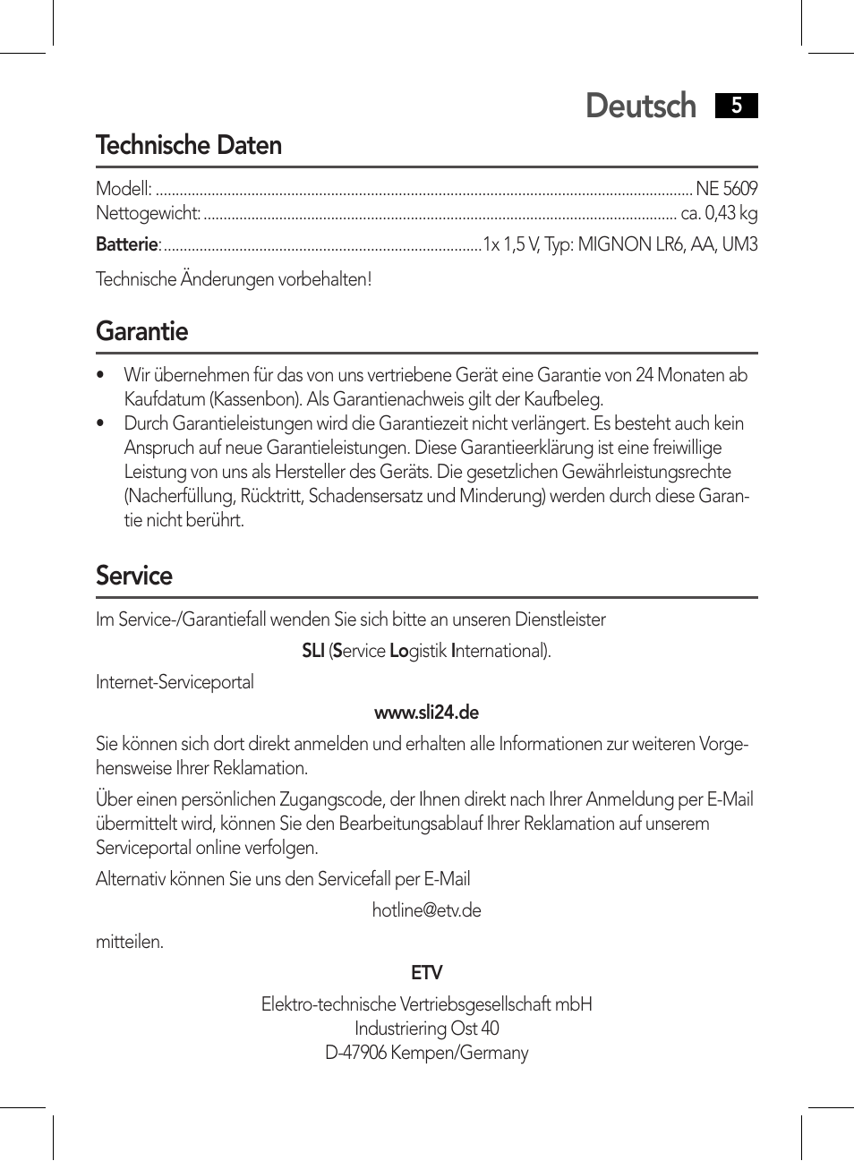 Deutsch, Technische daten, Garantie | Service | AEG NE 5609 User Manual | Page 5 / 44