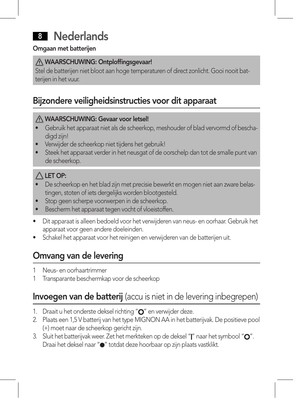 Nederlands, Omvang van de levering | AEG NE 5609 User Manual | Page 8 / 44