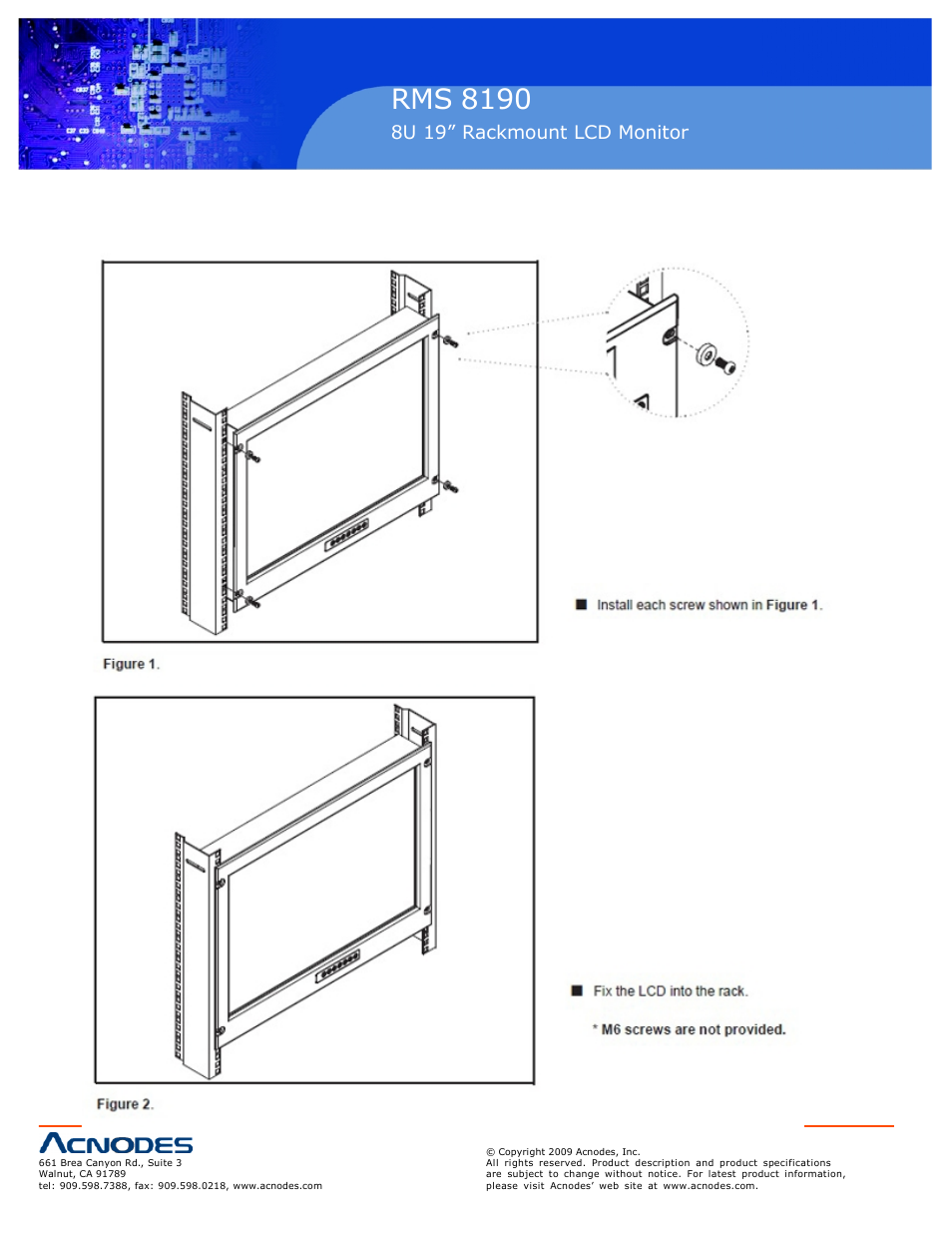Rms 8190, 4 installation, 8u 19” rackmount lcd monitor | Installation | Acnodes RMS 8190 User Manual | Page 2 / 2