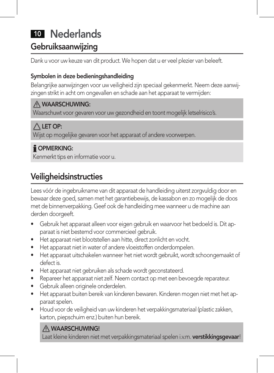 Nederlands, Gebruiksaanwijzing, Veiligheidsinstructies | AEG PHE 5642 User Manual | Page 10 / 58