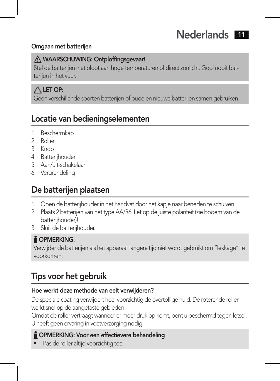 Nederlands, Locatie van bedieningselementen, De batterijen plaatsen | Tips voor het gebruik | AEG PHE 5642 User Manual | Page 11 / 58