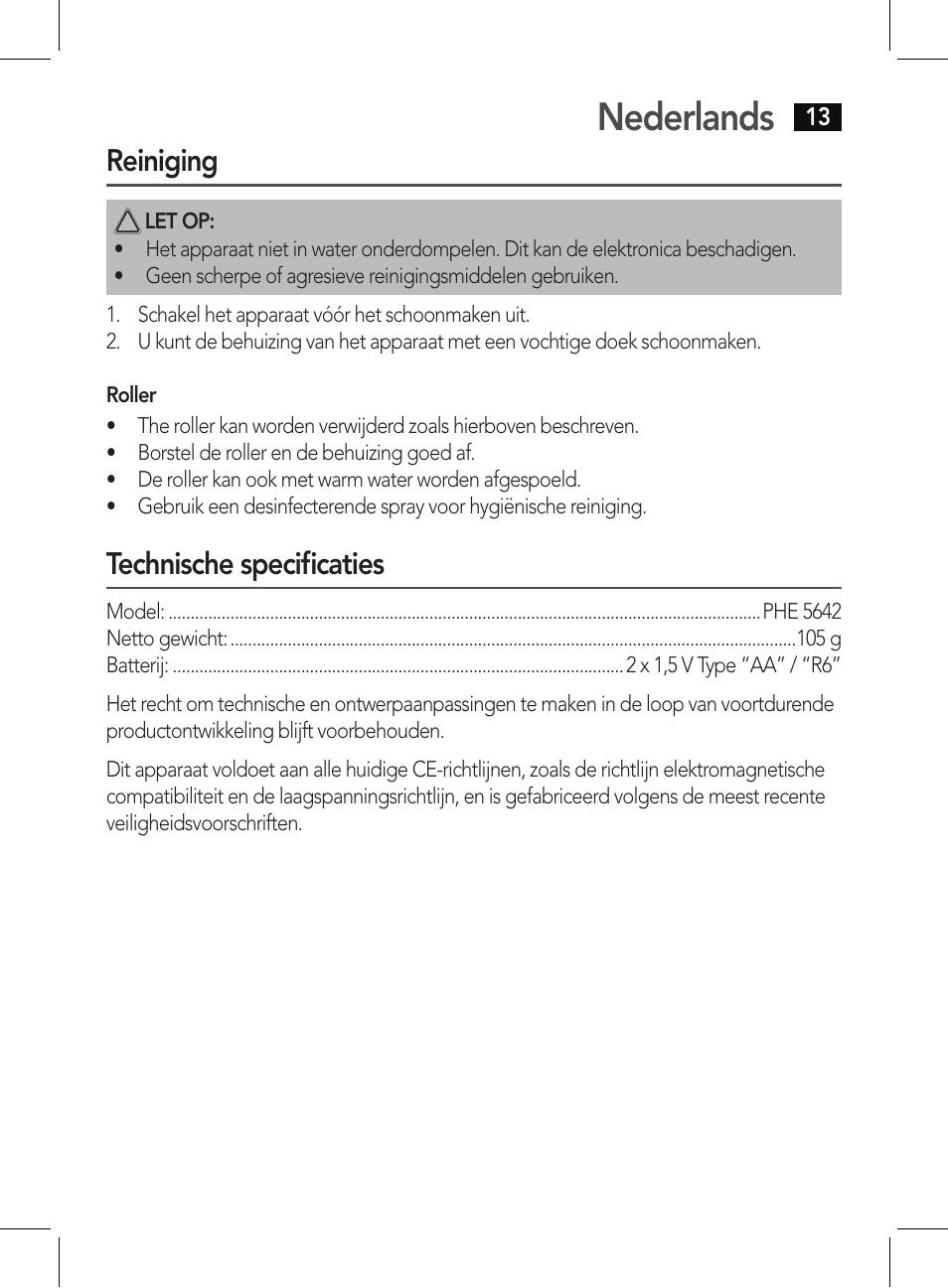 Nederlands, Reiniging, Technische specificaties | AEG PHE 5642 User Manual | Page 13 / 58