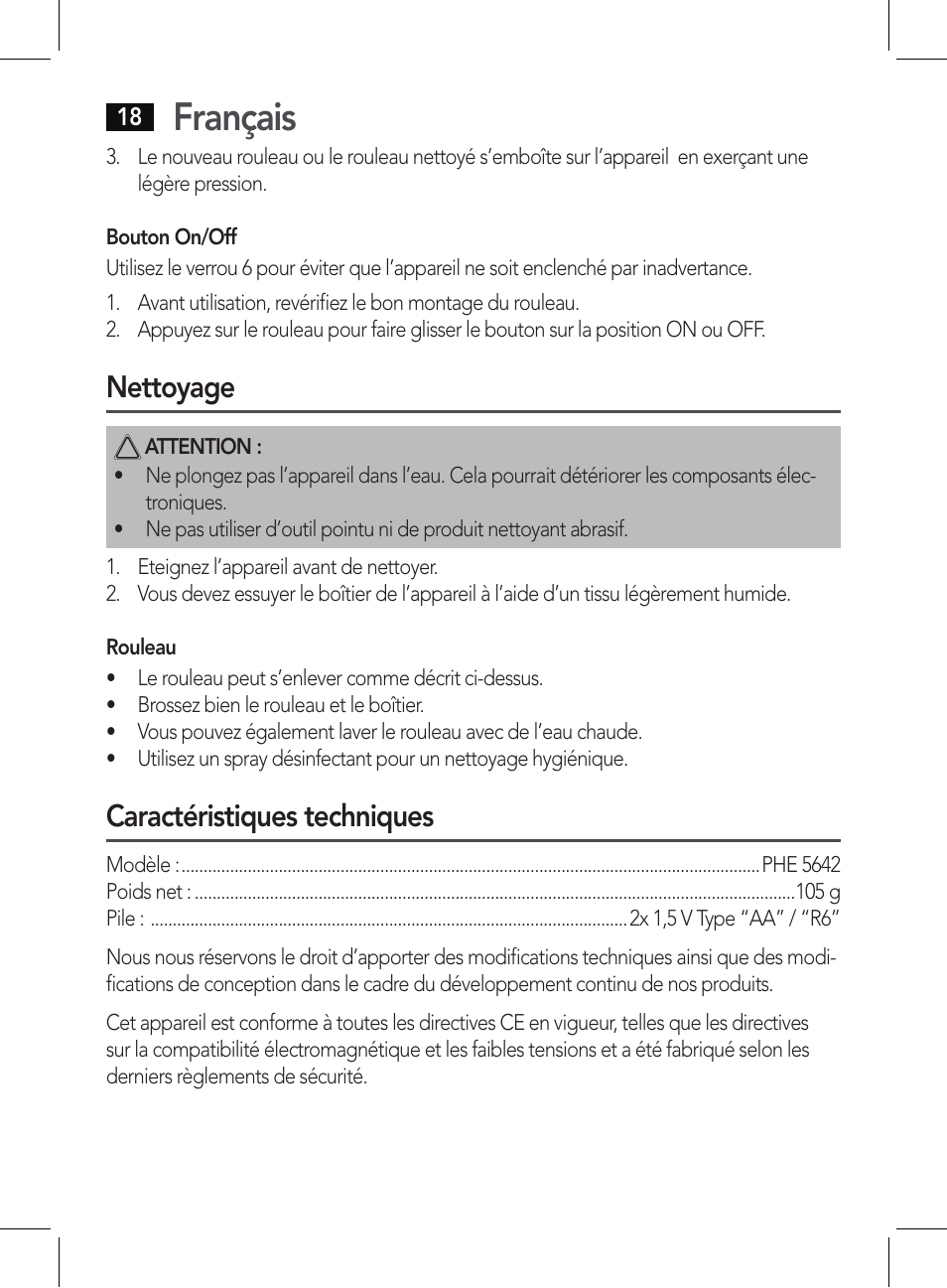 Français, Nettoyage, Caractéristiques techniques | AEG PHE 5642 User Manual | Page 18 / 58