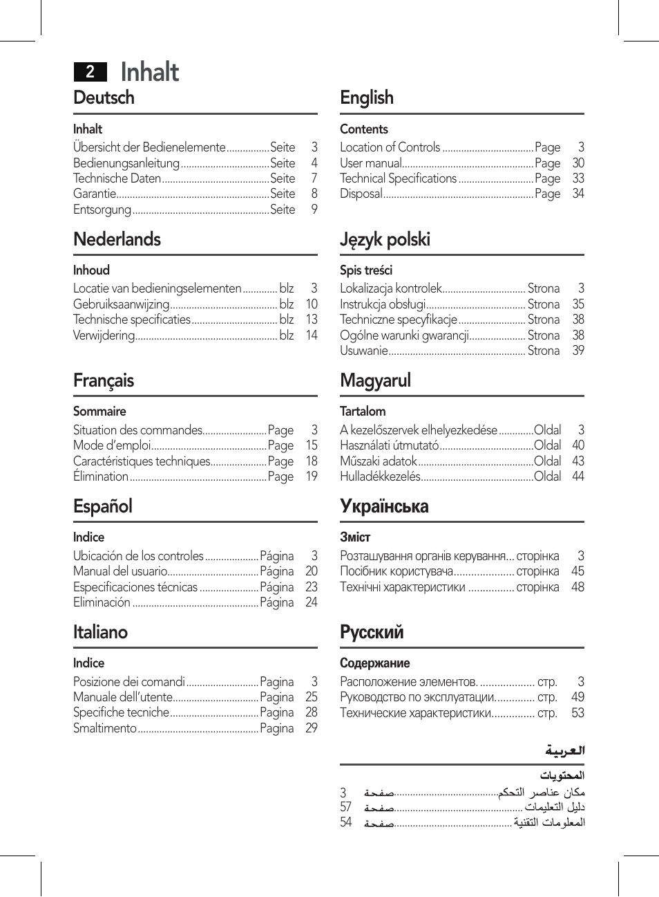 Inhalt, Deutsch, Nederlands | Français, Español, Italiano, English, Język polski, Magyarul, Українська | AEG PHE 5642 User Manual | Page 2 / 58