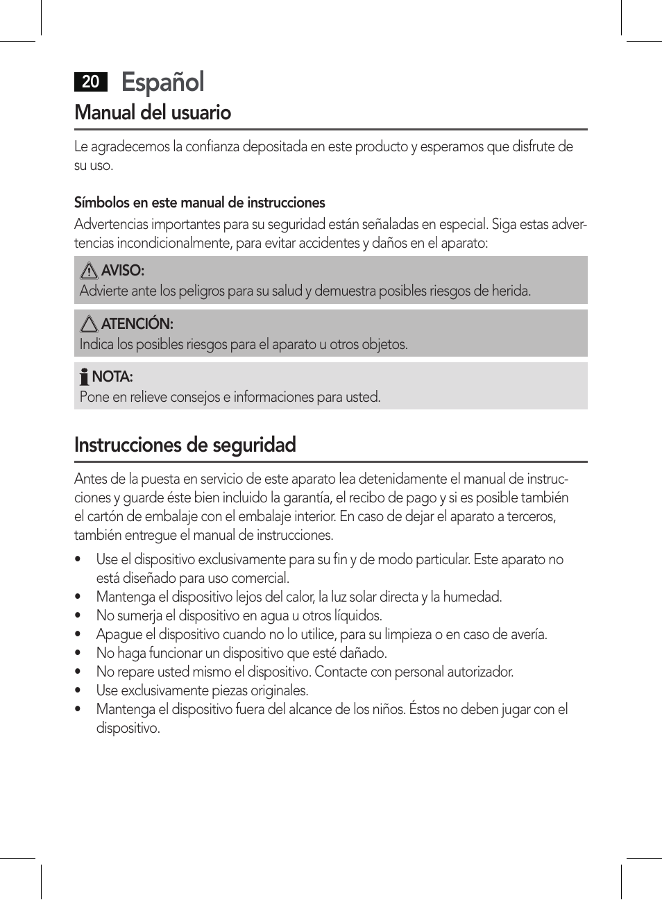 Español, Manual del usuario, Instrucciones de seguridad | AEG PHE 5642 User Manual | Page 20 / 58