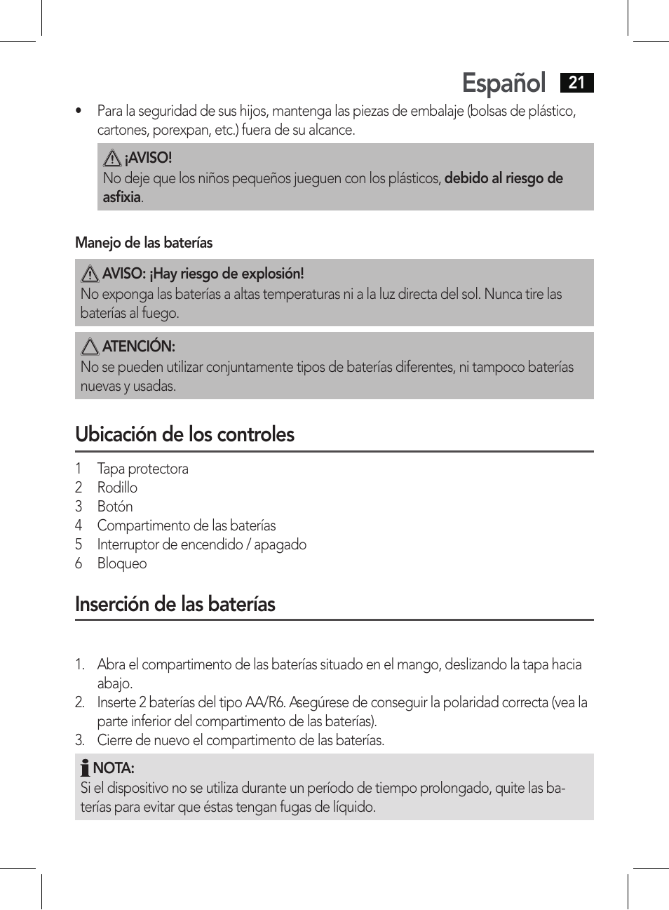 Español, Ubicación de los controles, Inserción de las baterías | AEG PHE 5642 User Manual | Page 21 / 58