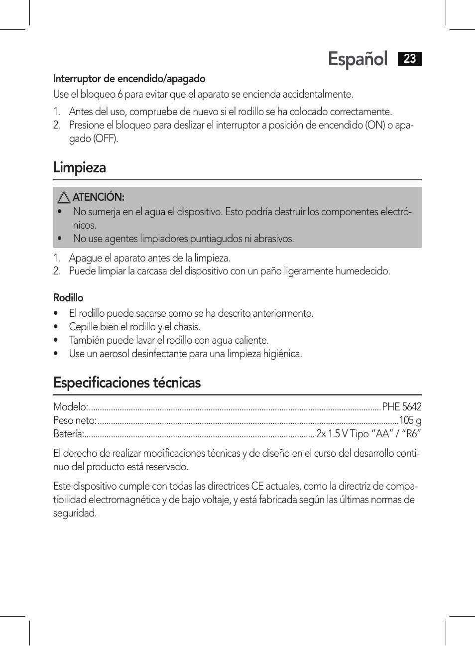 Español, Limpieza, Especificaciones técnicas | AEG PHE 5642 User Manual | Page 23 / 58