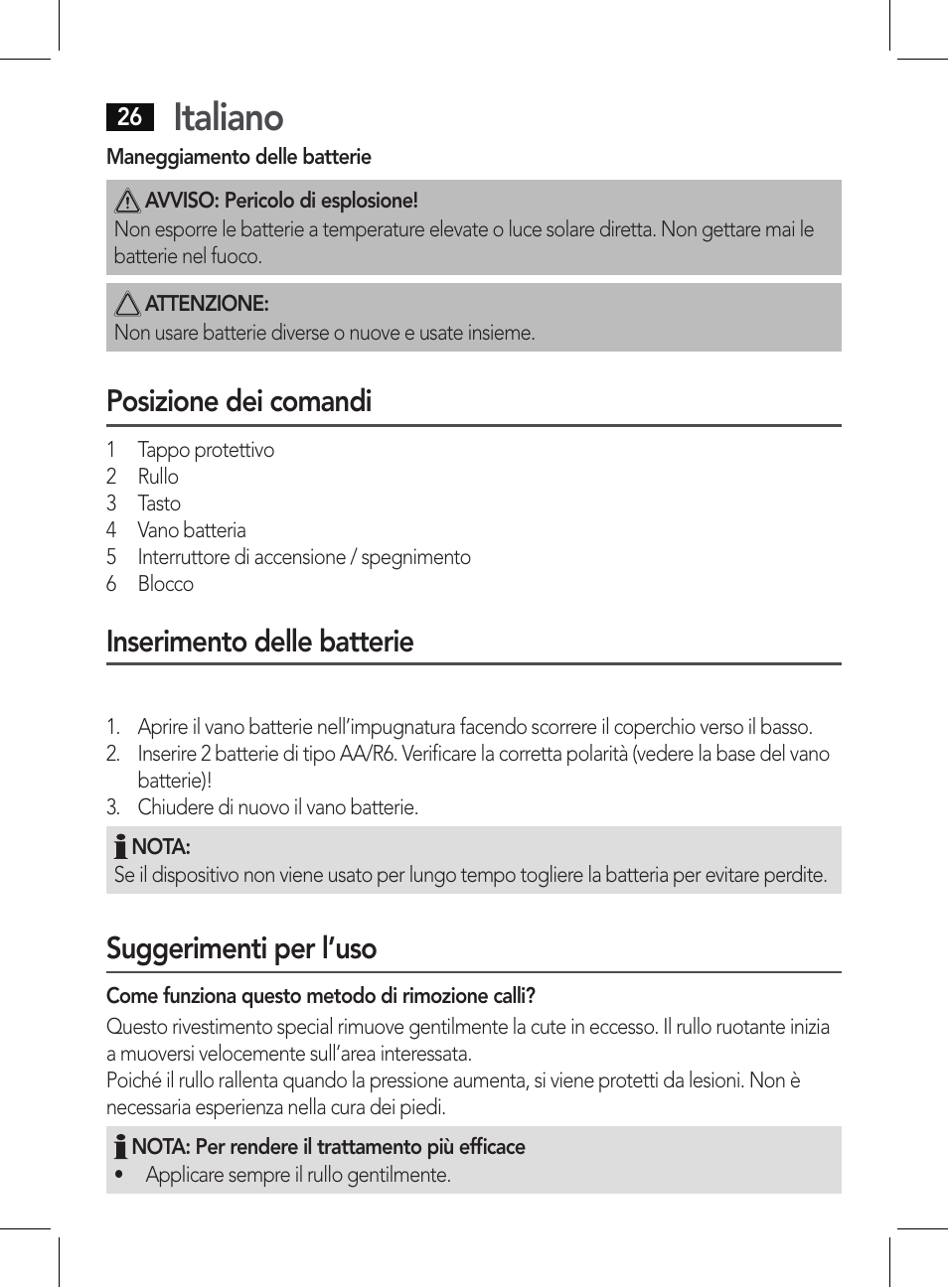 Italiano, Posizione dei comandi, Inserimento delle batterie | Suggerimenti per l’uso | AEG PHE 5642 User Manual | Page 26 / 58