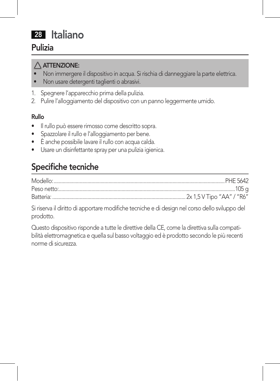Italiano, Pulizia, Specifiche tecniche | AEG PHE 5642 User Manual | Page 28 / 58