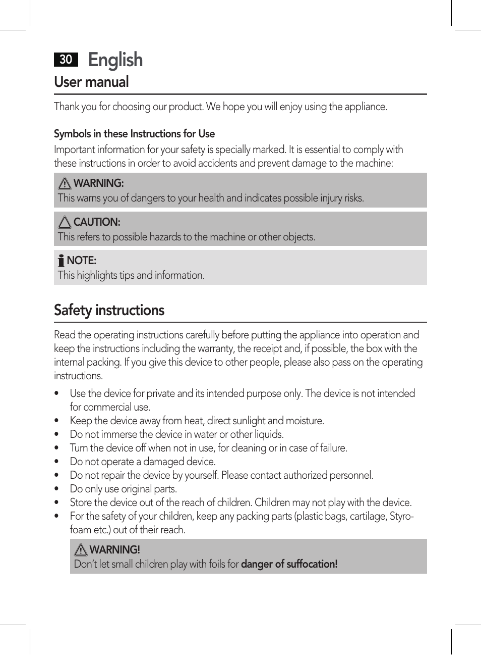 English, User manual, Safety instructions | AEG PHE 5642 User Manual | Page 30 / 58