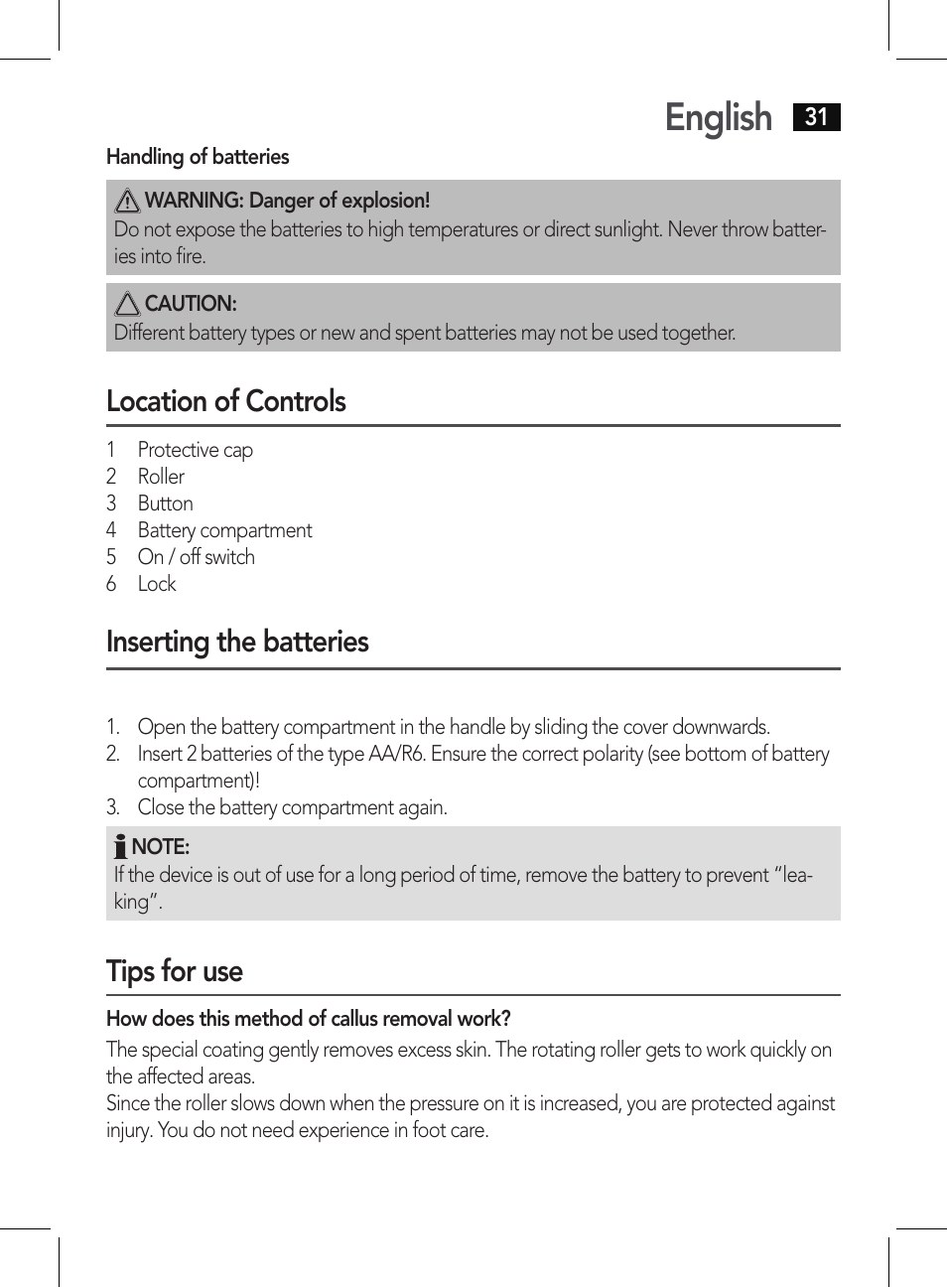 English, Location of controls, Inserting the batteries | Tips for use | AEG PHE 5642 User Manual | Page 31 / 58