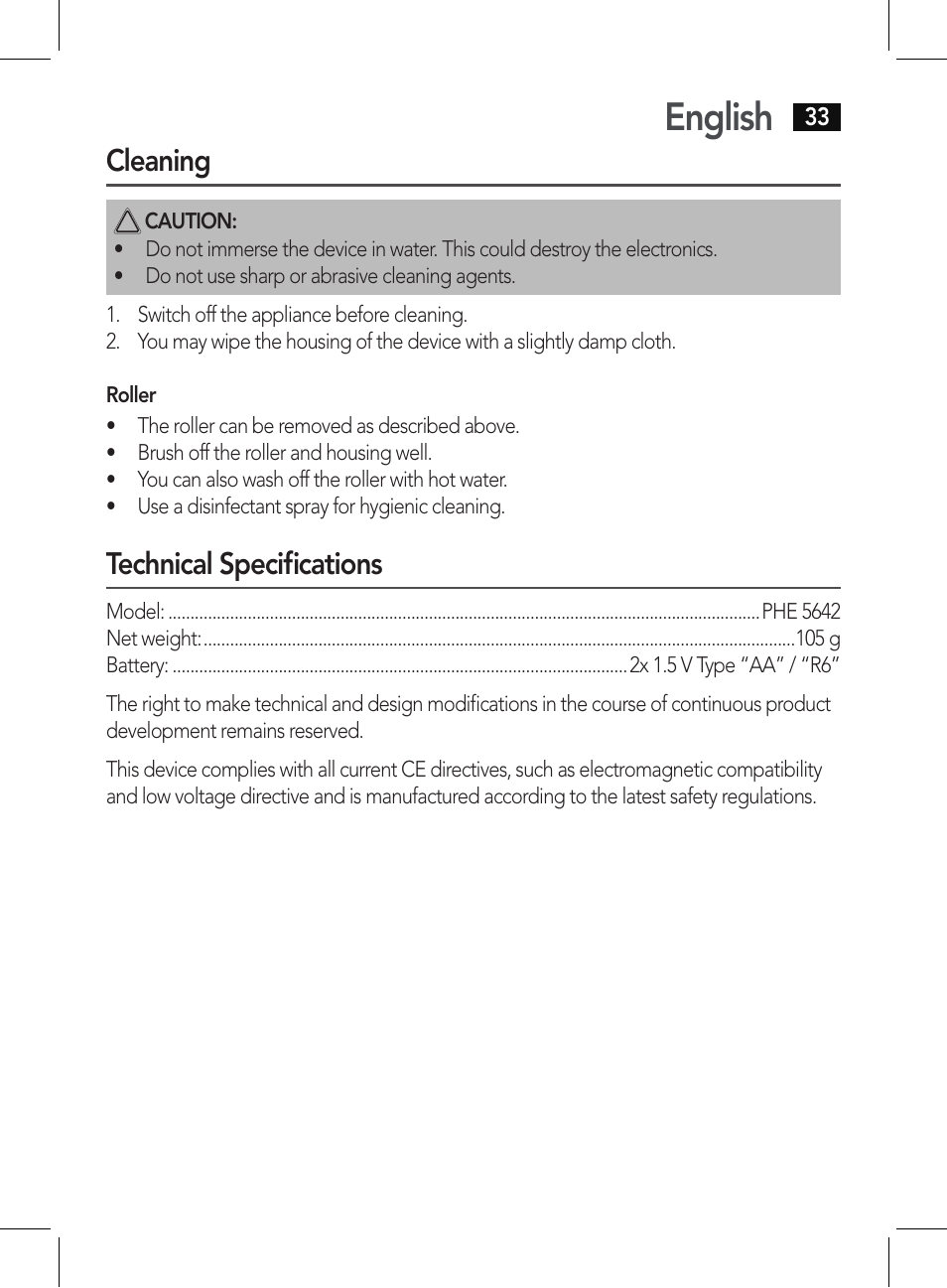 English, Cleaning, Technical specifications | AEG PHE 5642 User Manual | Page 33 / 58