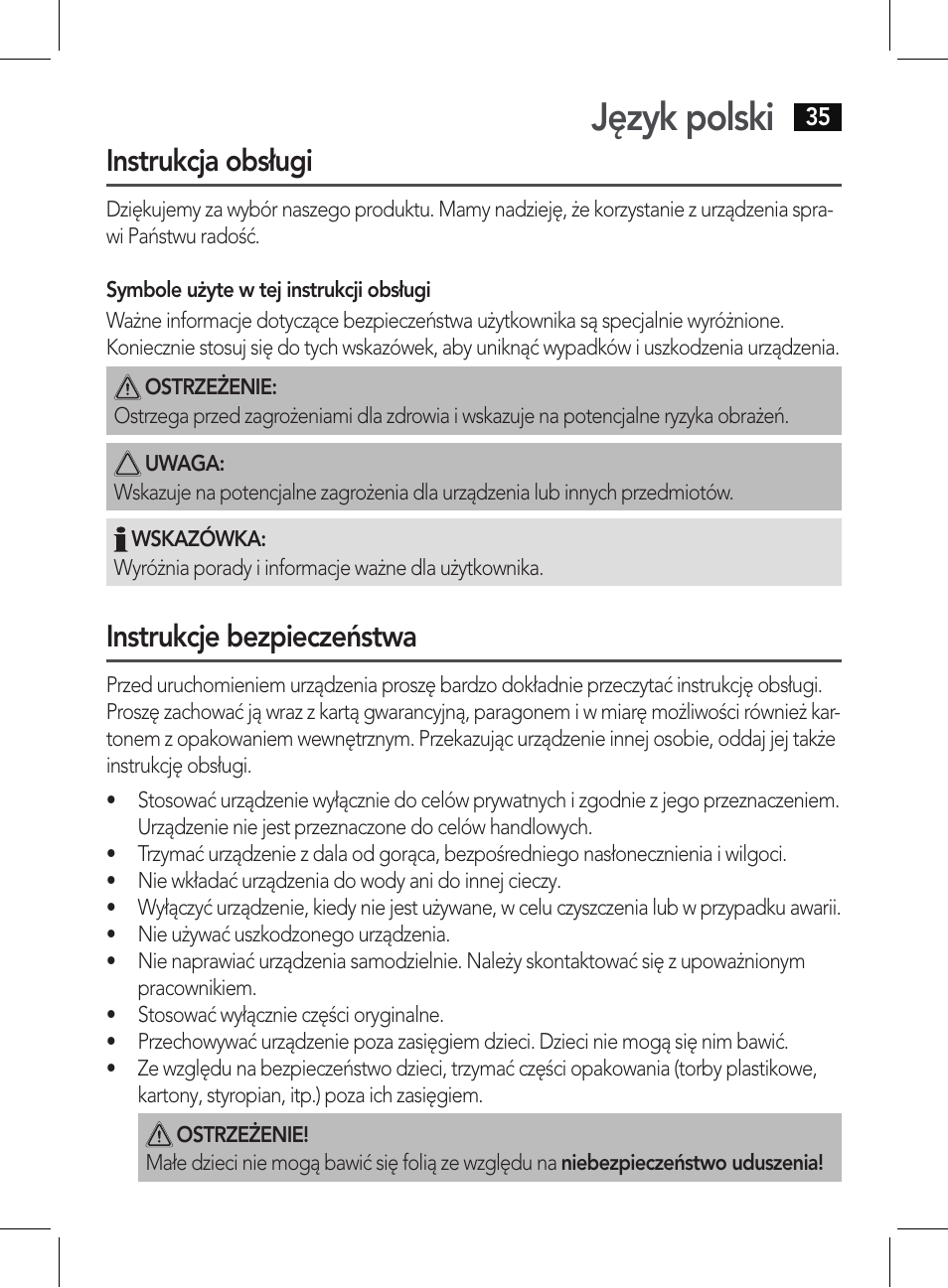 Język polski, Instrukcja obsługi, Instrukcje bezpieczeństwa | AEG PHE 5642 User Manual | Page 35 / 58