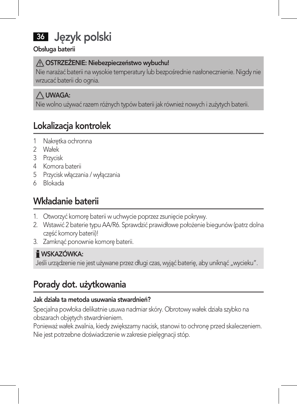 Język polski, Lokalizacja kontrolek, Wkładanie baterii | Porady dot. użytkowania | AEG PHE 5642 User Manual | Page 36 / 58
