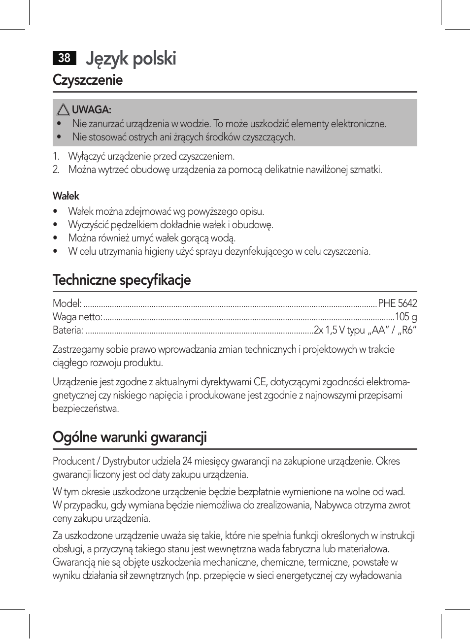 Język polski, Czyszczenie, Techniczne specyfikacje | Ogólne warunki gwarancji | AEG PHE 5642 User Manual | Page 38 / 58