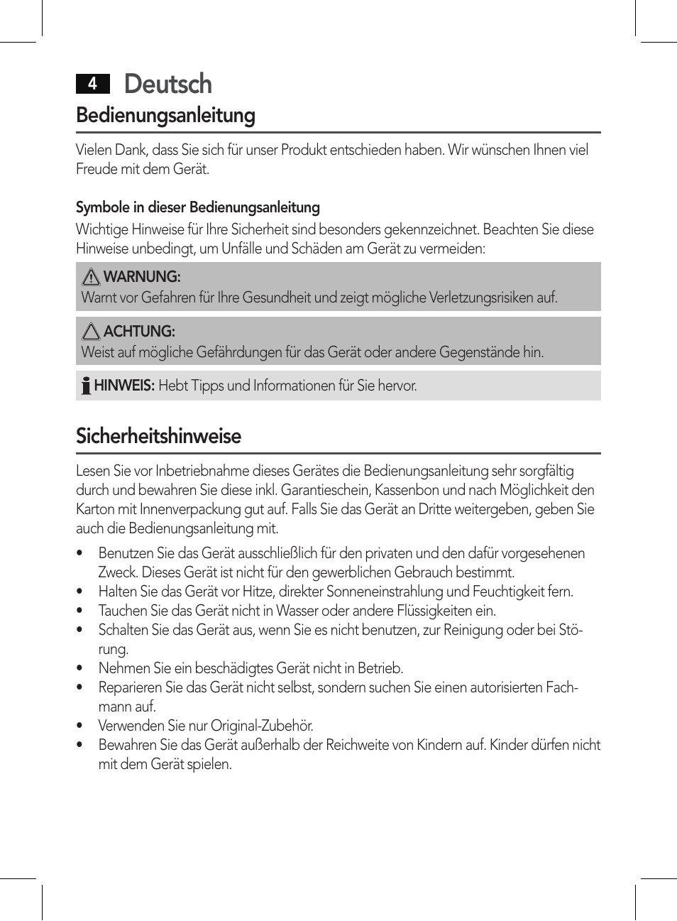 Deutsch, Bedienungsanleitung, Sicherheitshinweise | AEG PHE 5642 User Manual | Page 4 / 58