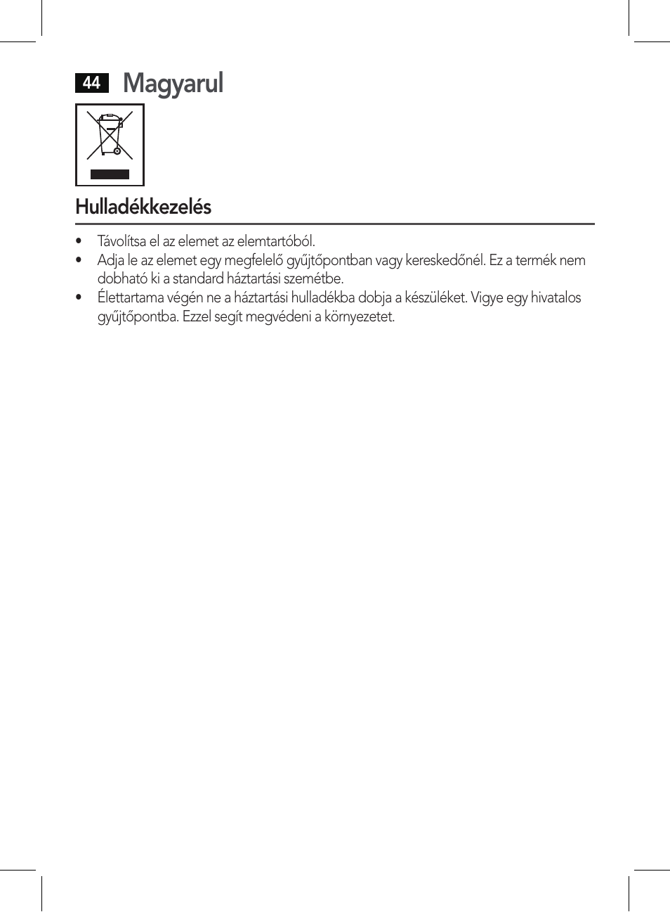 Magyarul, Hulladékkezelés | AEG PHE 5642 User Manual | Page 44 / 58