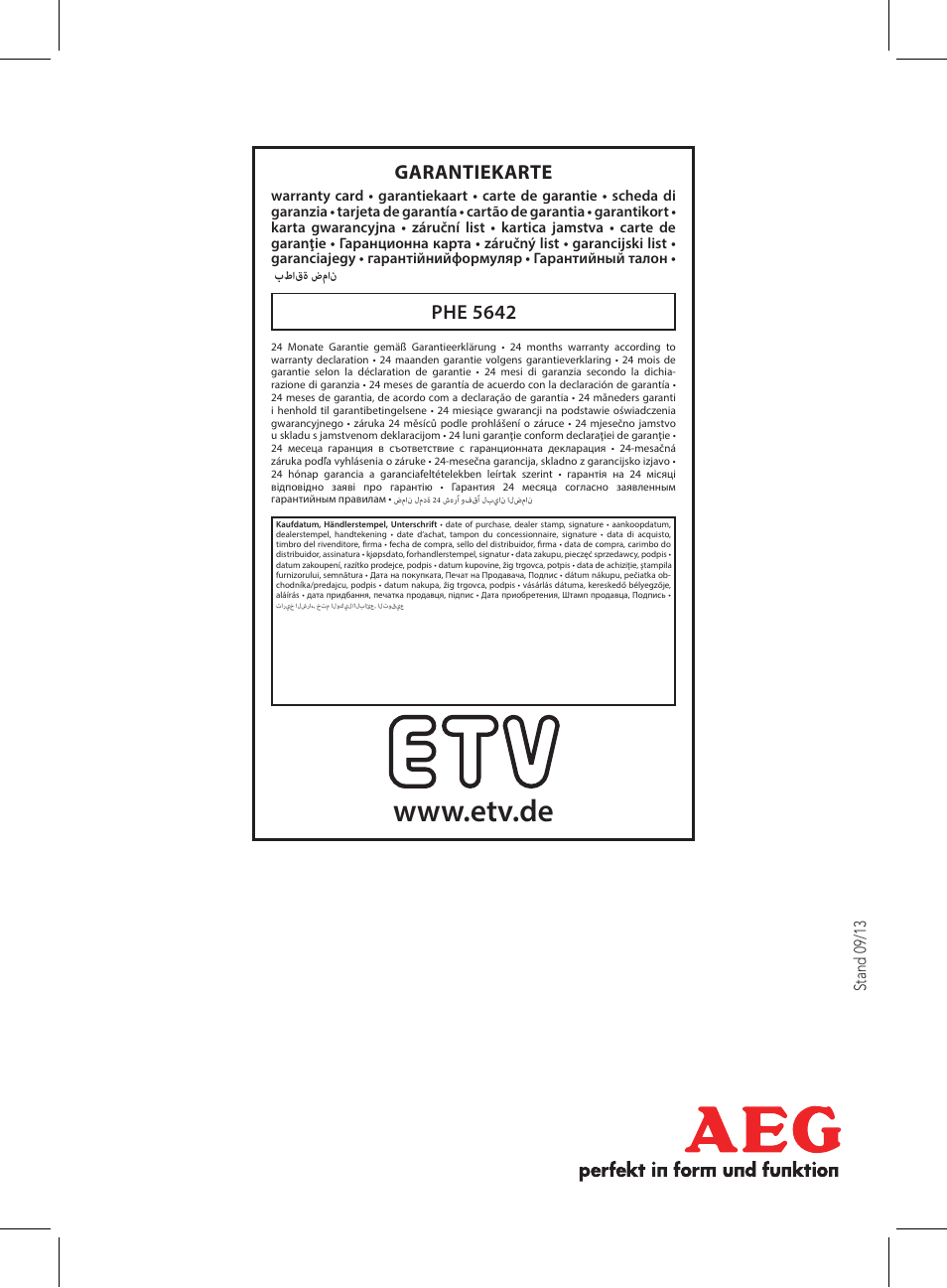 Phe 5642 garantiekarte, Stand 09/13 | AEG PHE 5642 User Manual | Page 58 / 58